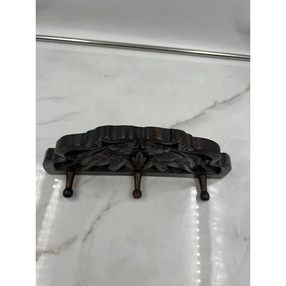 VTG Hand Carved Wood Elephant Wall Hook Rack 3 Peg Key Holder Brown Boho Decor